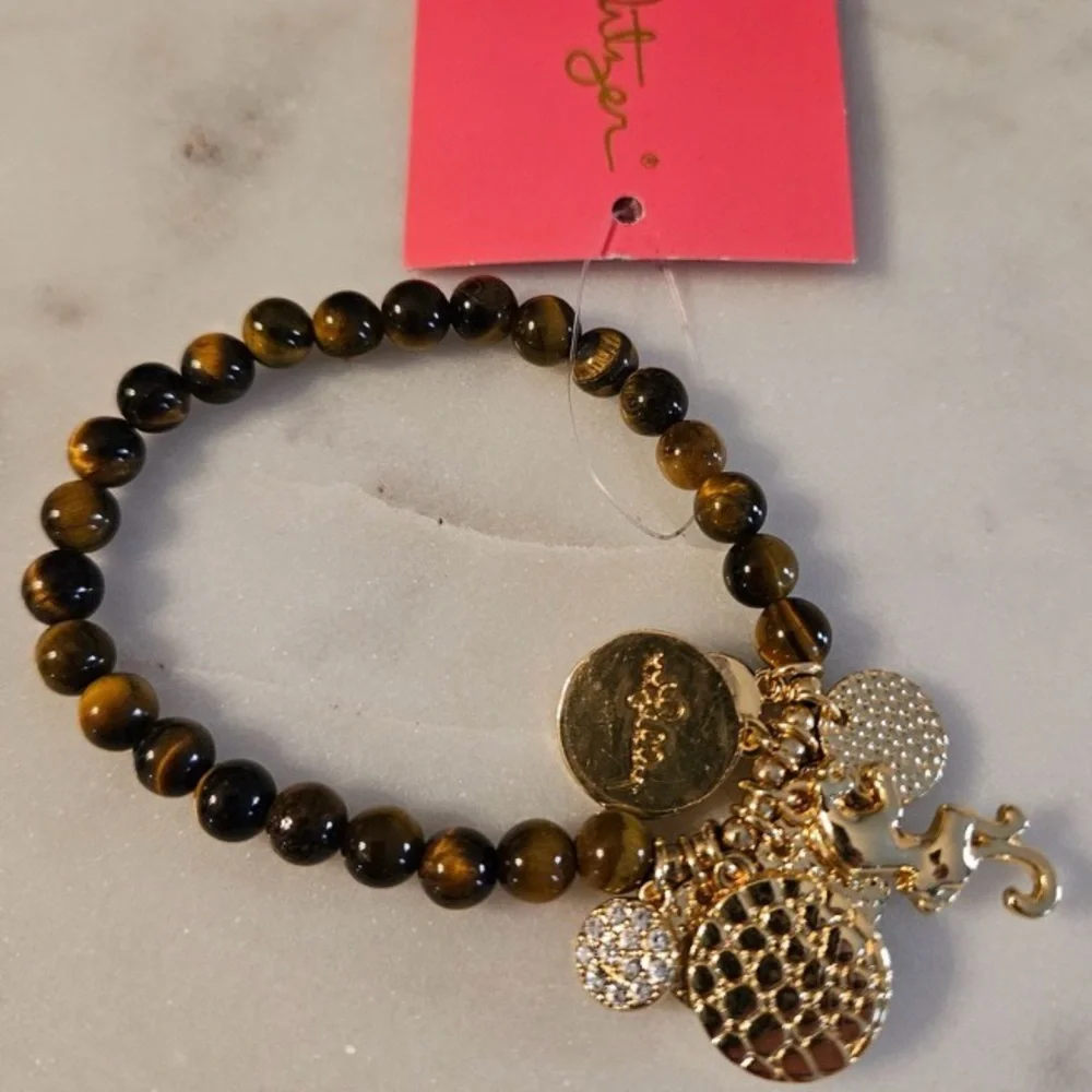Lilly Pulitzer Gold Charm Tiger Eye Bead Bracelet